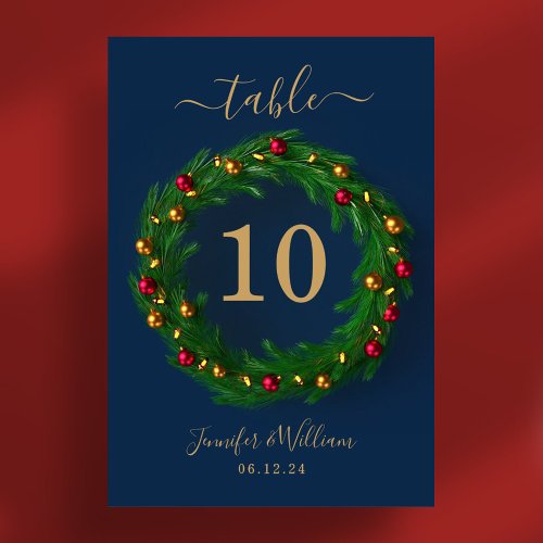 Festive Wreath Xmas Holiday Wedding Navy  Table Number