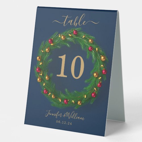 Festive Wreath Xmas Holiday Wedding Navy  Table Tent Sign