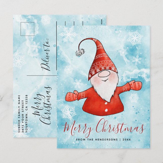 Festive Xmas Blue Red Cute Gnome Merry Christmas Holiday Postcard (Front/Back)