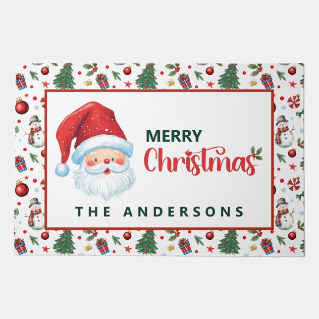 Festive Xmas Pattern  Family Name Merry Christmas Doormat (Front)