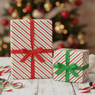 Festive Xmas Red Green White Diagonal Stripes Wrapping Paper