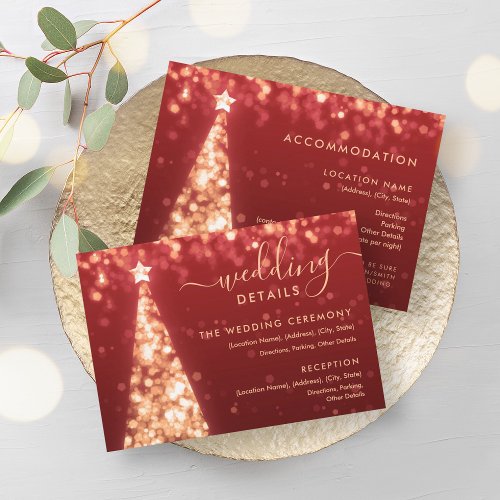 Festive Xmas Tree Gold Red Wedding Details Card