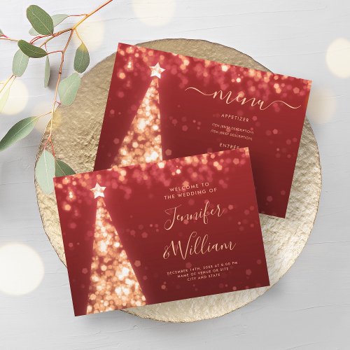 Festive Xmas Tree Gold Red Wedding Menu  Invitation