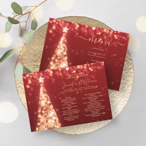 Festive Xmas Tree Gold Red Wedding Menu Program