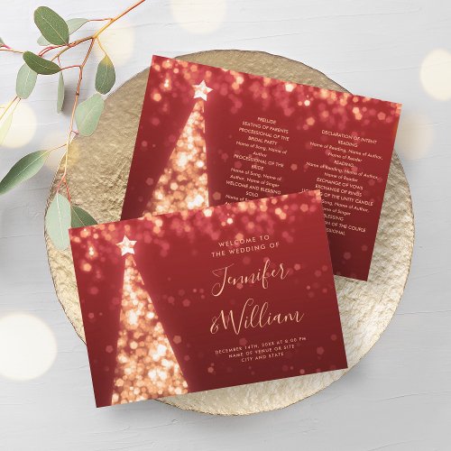 Festive Xmas Tree Gold Red Wedding Program