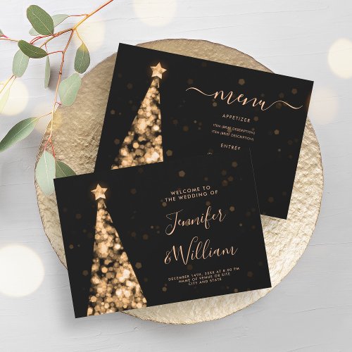 Festive Xmas Tree Gold Wedding Menu  Invitation