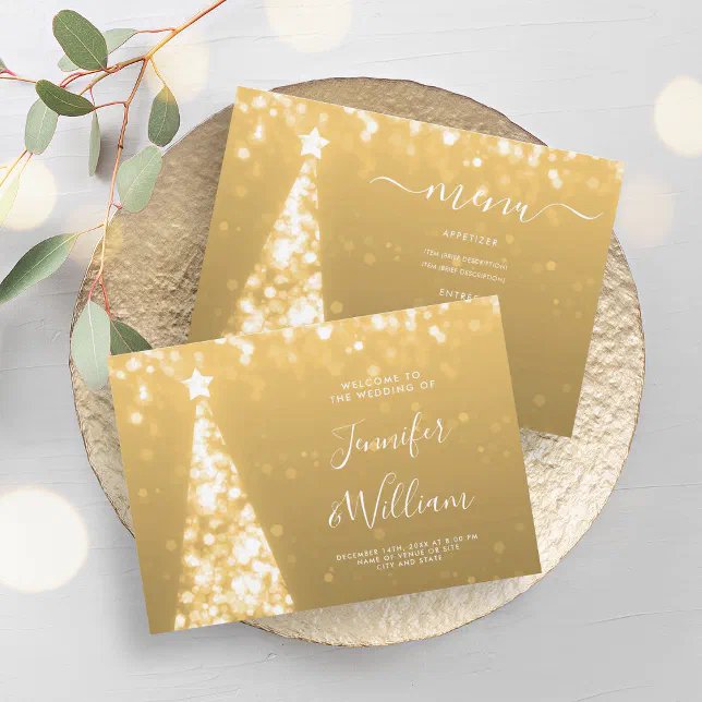 Festive Xmas Tree Gold Wedding Menu Invitation