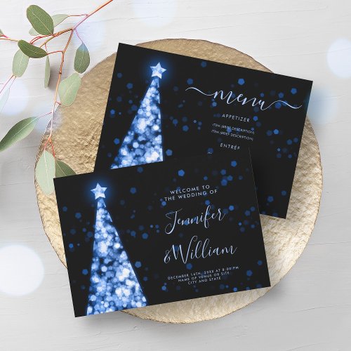 Festive Xmas Tree Navy Blue Wedding Menu  Invitation