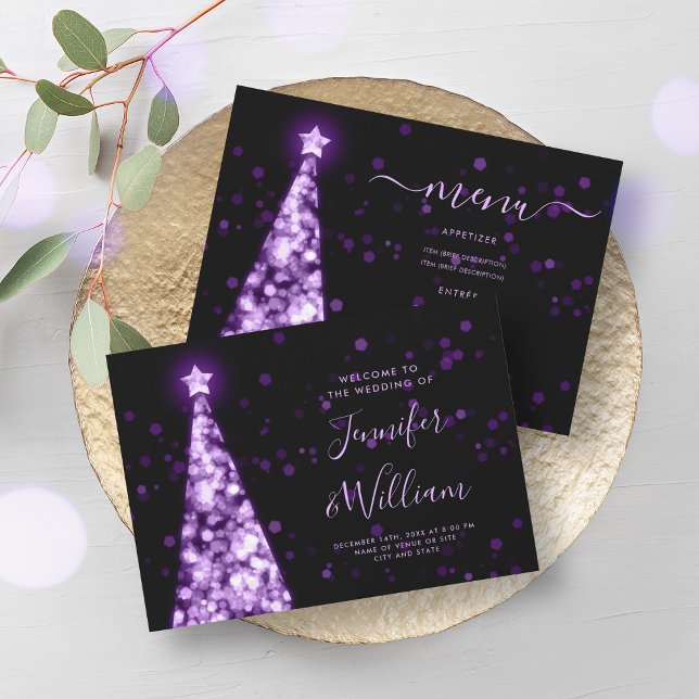 Festive Xmas Tree Purple Wedding Menu  Invitation (Festive Xmas Tree Purple Wedding Menu Invitation)