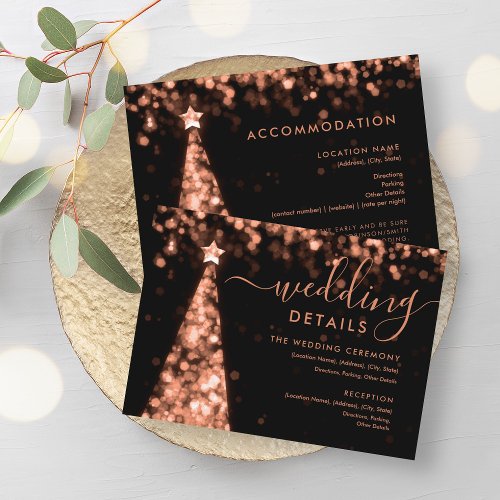 Festive Xmas Tree Rose Gold Wedding Details Card