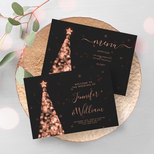 Festive Xmas Tree Rose Gold Wedding Menu  Invitation