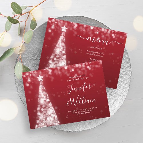 Festive Xmas Tree Silver Red Wedding Menu  Invitation