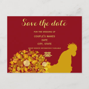 Festive Year Of Rooster Gold Red Chinese Wedding Announcement Postcard