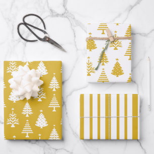 Festive Yellow and White Christmas Tree Pattern Wrapping Paper Sheets