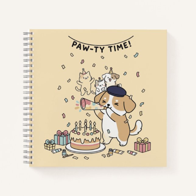 Festive Yellow Playful Dog Cartoon Celebration Notebook (Front)