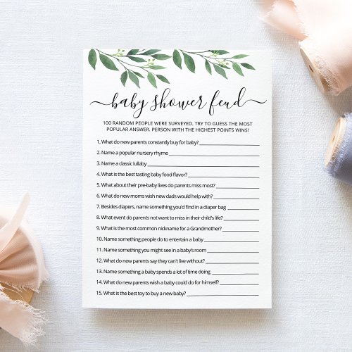 Feud game with Answers Baby Shower pary Card