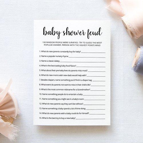Feud game with Answers Baby Shower pary Card