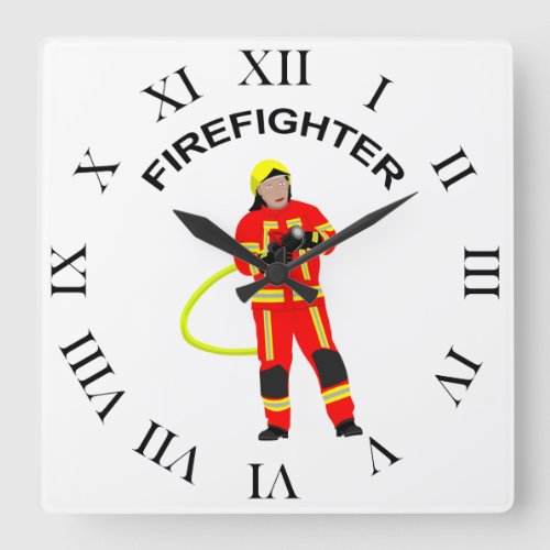 Feuerwehrmann in roter Einsatzkleidung Quadratisc Square Wall Clock