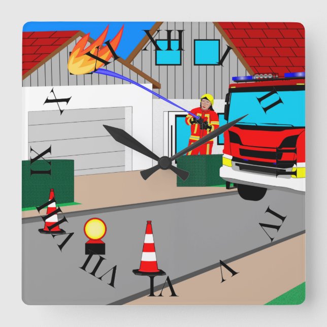Feuerwehrmann löscht Garagenbrand Quadratische Wan Square Wall Clock (Front)