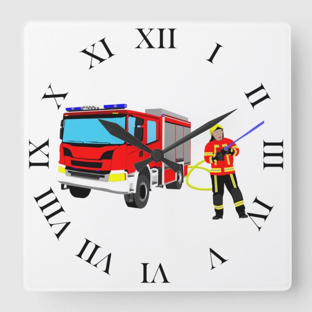 Feuerwehrmann und Löschfahrzeug Quadratische Wandu Square Wall Clock (Front)