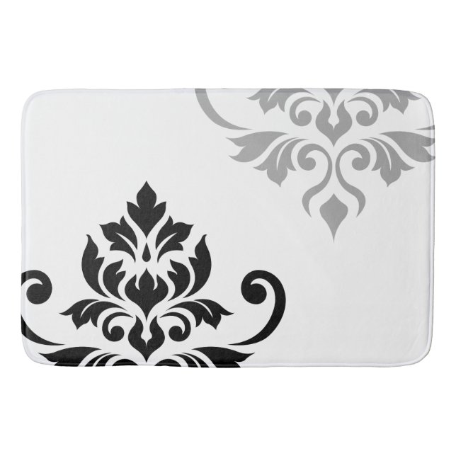 Feuille Damask Art I Black & Gray on White Bath Mat (Front)