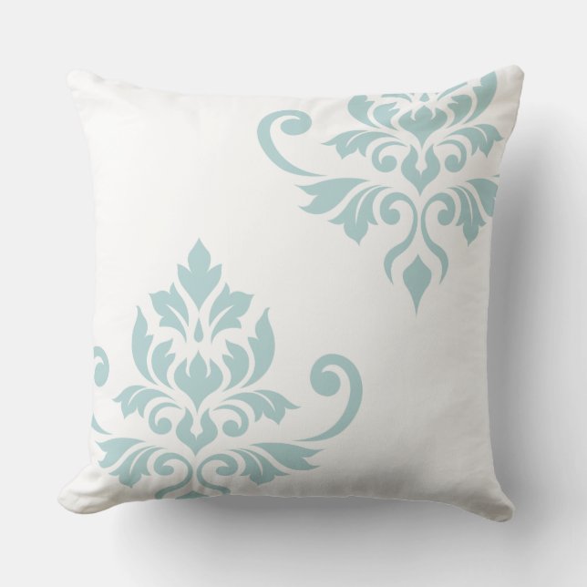 Feuille Damask Art I Duck Egg Blue on White Throw Pillow (Front)