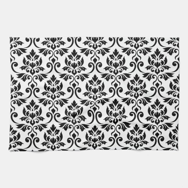 Feuille Damask Big Pattern Black on White Towel (Horizontal)