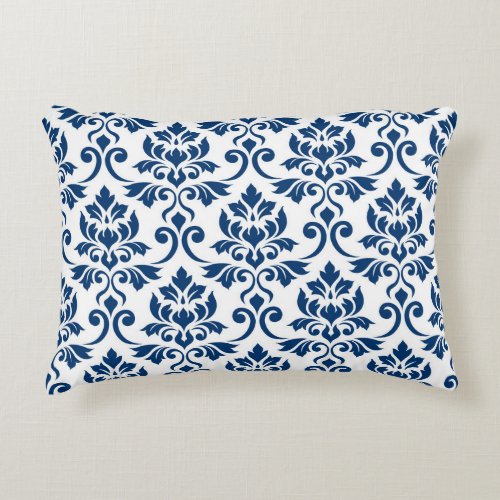 Feuille Damask Big Pattern Dark Blue on White Accent Pillow