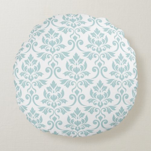 Feuille Damask Big Pattern Duck Egg Blue on White Round Pillow