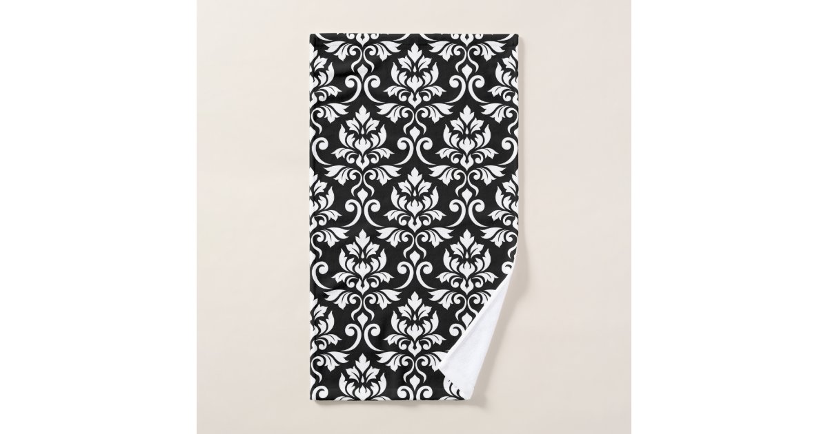 Damask Baroque Pattern Black on White Hand & Bath Towel