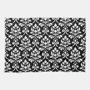 Feuille Damask Big Pattern White on Black Kitchen Towel