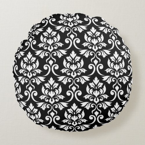 Feuille Damask Big Pattern White on Black Round Pillow
