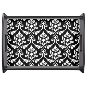 Feuille Damask Big Pattern White on Black Serving Tray