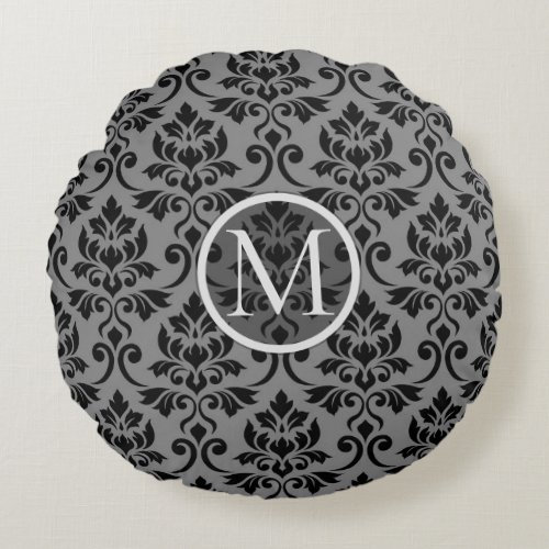 Feuille Damask Big Ptn Blk on Gray Personalized Round Pillow