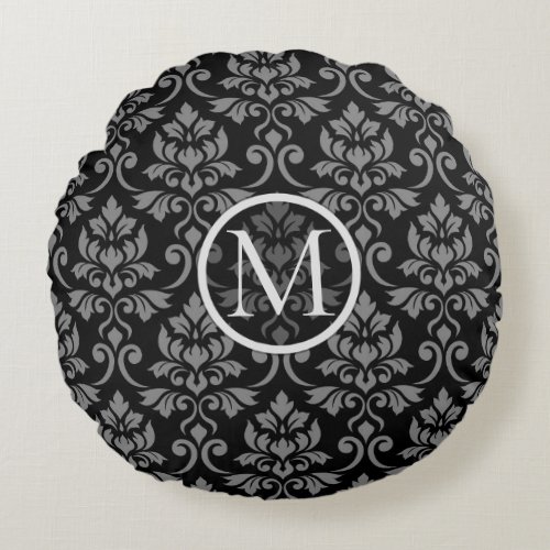Feuille Damask Big Ptn Gray on Blk Personalized Round Pillow