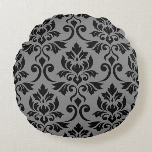 Feuille Damask Lg Pattern Black on Gray Round Pillow