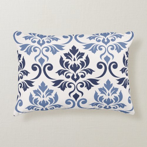 Feuille Damask Lg Pattern Blues on Cream Accent Pillow