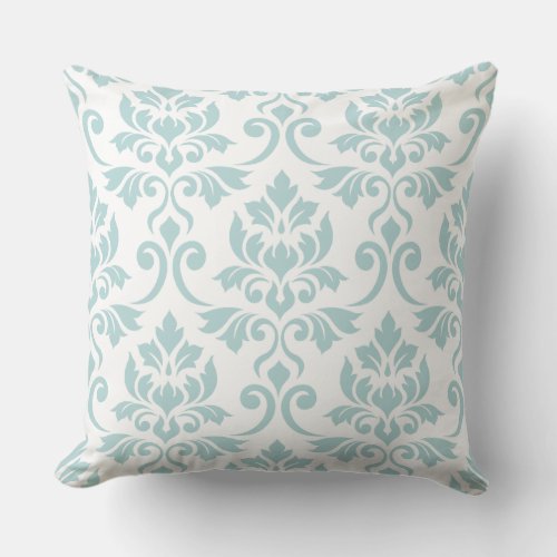 Feuille Damask Lg Pattern Duck Egg Blue on White Throw Pillow