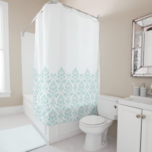 Feuille Damask Part Pattern Light Teal on White Shower Curtain