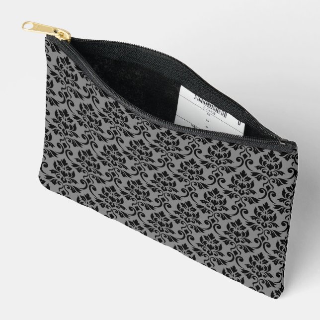 Feuille Damask Pattern Black on Gray Accessory Pouch (Open)