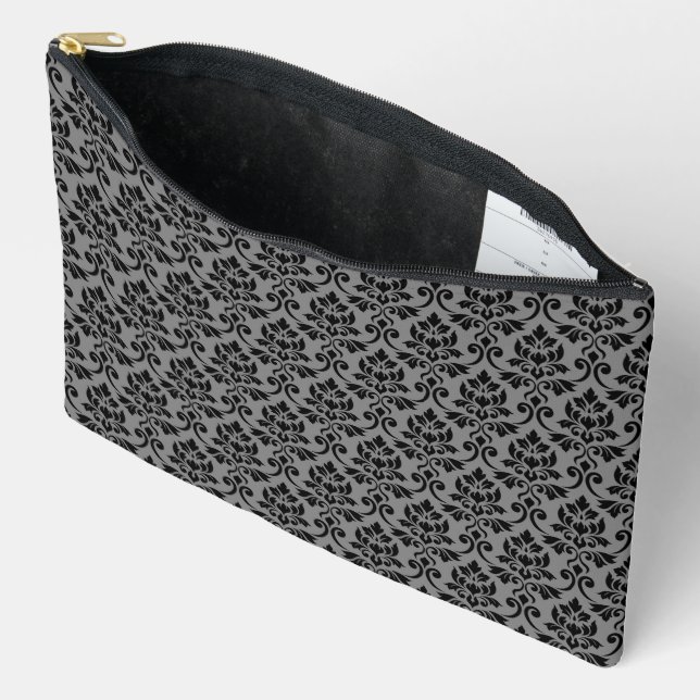 Feuille Damask Pattern Black on Gray Accessory Pouch (Open)