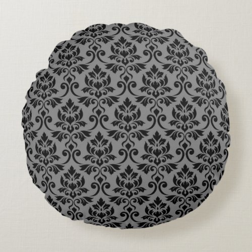 Feuille Damask Pattern Black on Gray Round Pillow