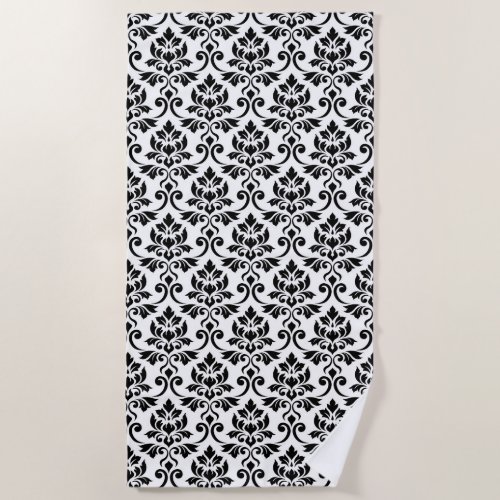 Feuille Damask Pattern Black on White Beach Towel