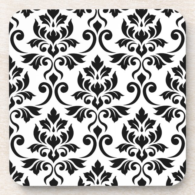 Feuille Damask Pattern Black on White Beverage Coaster (Front)