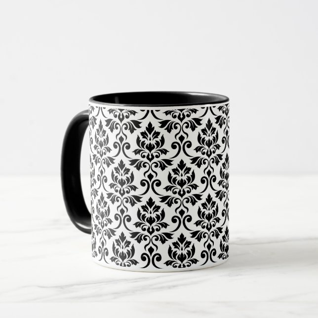 Feuille Damask Pattern Black on White Mug (Front Left)