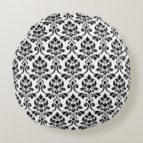 Feuille Damask Pattern Black on White Round Pillow