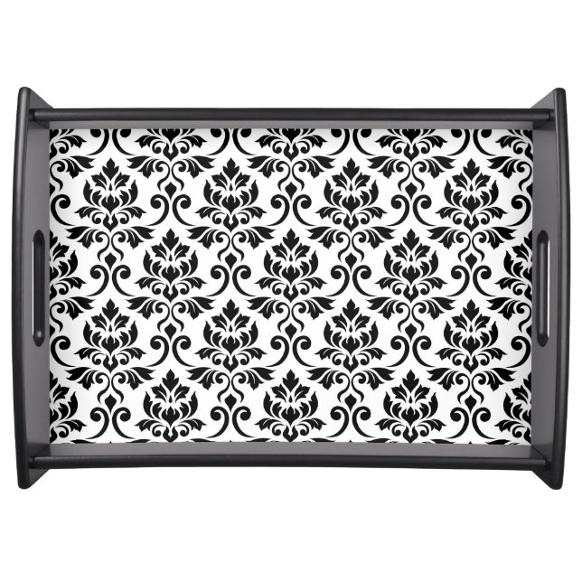 Feuille Damask Pattern Black on White Serving Tray (Front)