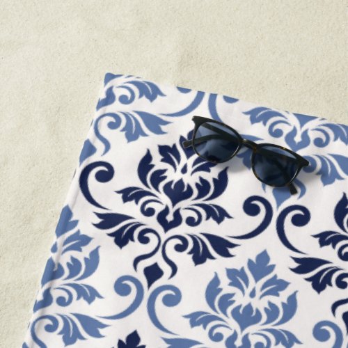 Feuille Damask Pattern Blues on Cream Beach Towel