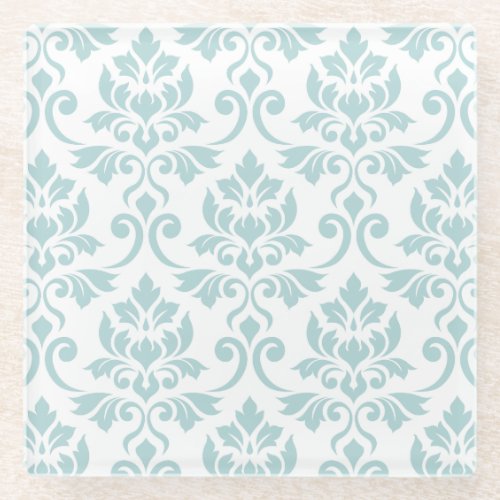 Feuille Damask Pattern Duck Egg Blue on White Glass Coaster