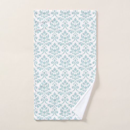 Feuille Damask Pattern Duck Egg Blue on White Hand Towel